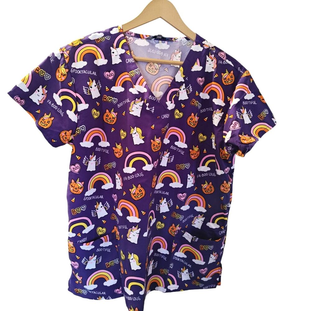 Spooky Halloween Scrub Top V Neck size Large Purple Unicorns Pumpkins Rainbows
